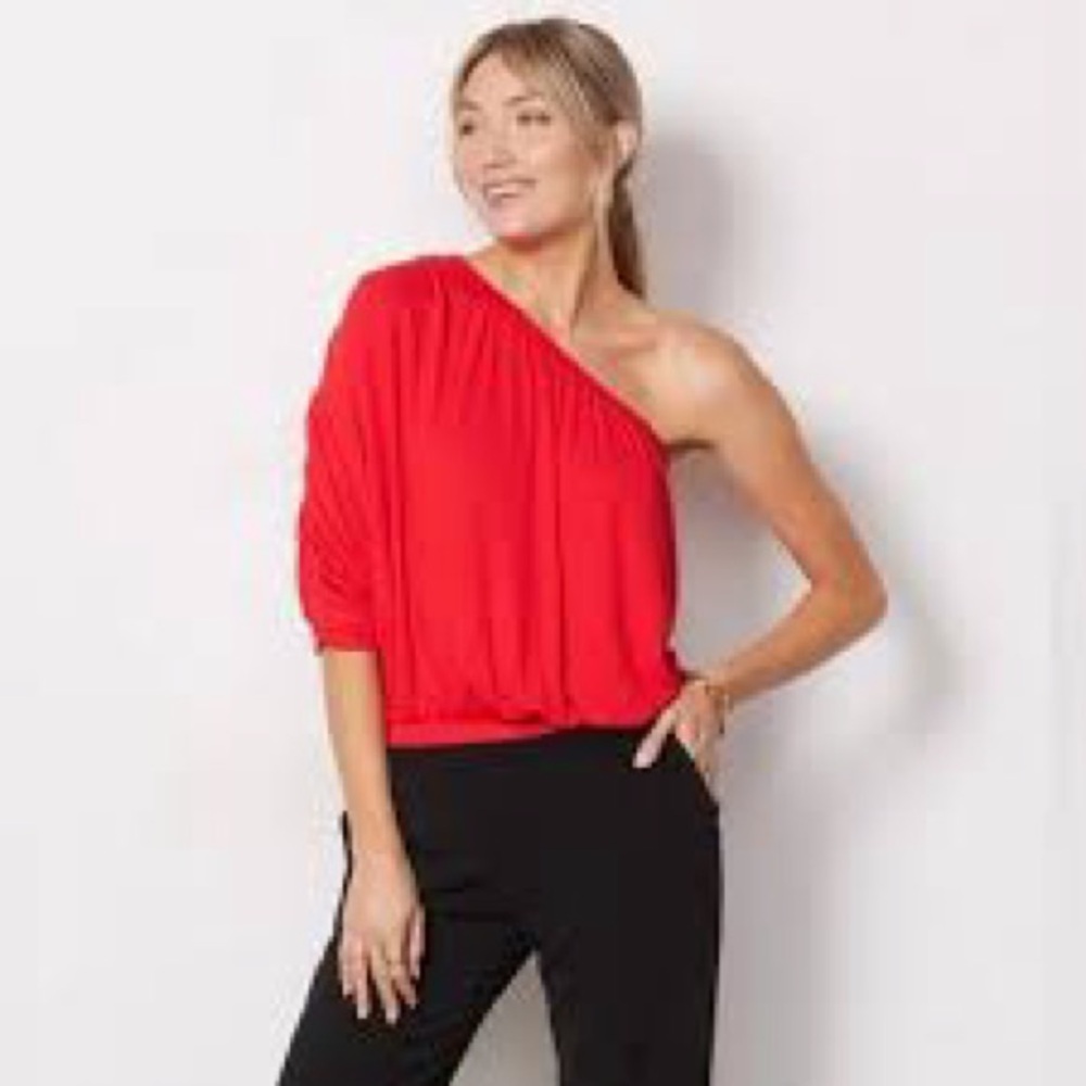 LNA One Sleeved One Shoulder Ribbed Knit Top Red Size Medium